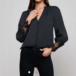 L'AGENCE Black Button-Down Blouse with Lace Sleeves